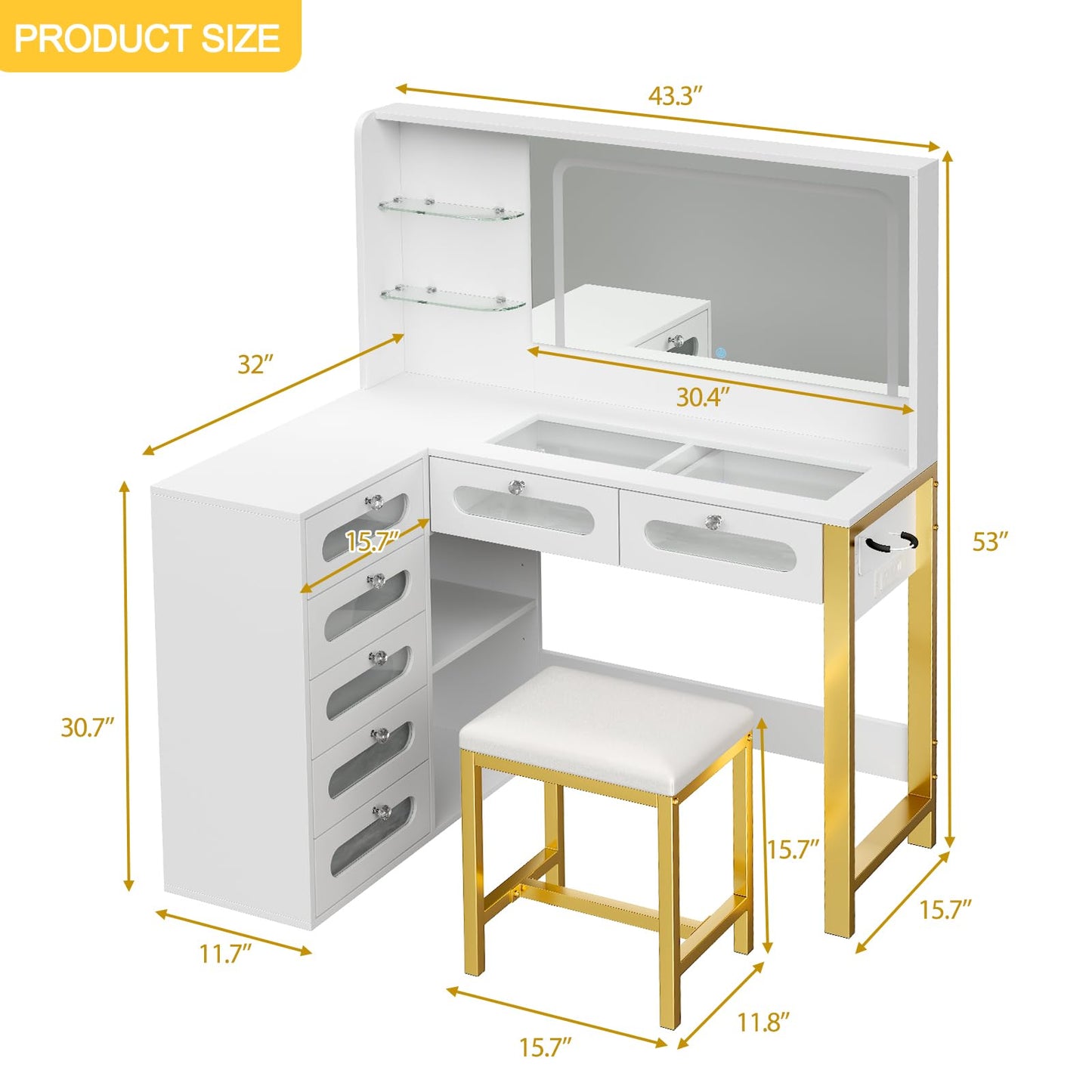 CollaredEagle Vanity Desk with Mirror and Lights, 43" Big Modern Vanity Desk, Transparent Top Vanity with 2 RGB Drawers, with Power Outlet & Stool, Modern Ample Storage Dressing Table, White