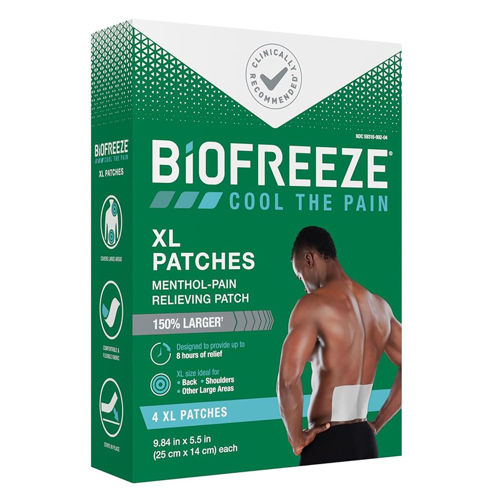 Biofreeze XL Pain Relief Patch, Menthol Pain Patches for Lower Back Pain Relief, XL Patches Ideal for Back & Shoulder, Comfortable & Flexible Fabric Stays, FSA Eligible, 4 ct - Pack of 2