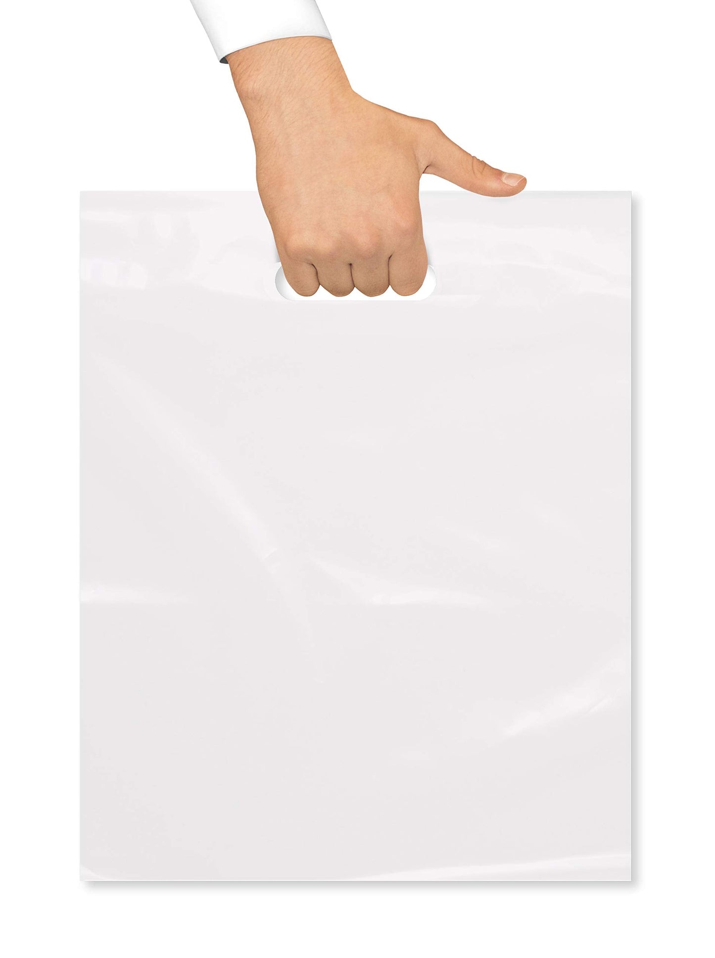 Purple Q Crafts Plastic Bag With Die Cut Handle Bag 12" x 15" White Plastic Merchandise Bags 100 Pack for Retail, Gifts, Trade Show and More