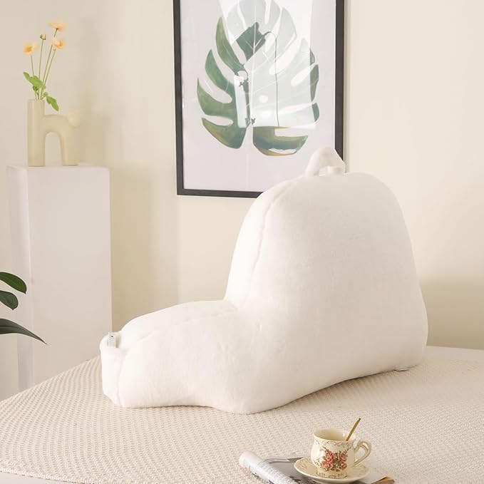 PAJEO Reading Pillow for Sitting in Bed, Large Backrest Reading Pillow with Arm Rest,Back-Rest Support Cushion for Sit Up on Couch, Sofa, and Floor, Dorm Essentials (White Faux Fur, Standard(17"))