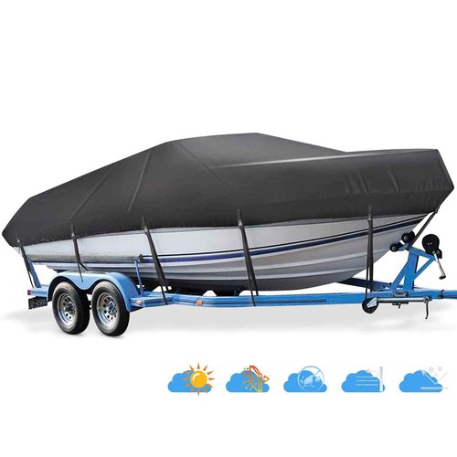 Mancro Boat Cover 16ft-18.5 ft, Heavy Duty Covers fits Bass Boats, V-Hull, Tri-Hull, Runabout, Fishing Boats, Waterproof Trailerable Boat Cover, Marine Grade Canvas Outboard Cover, Black