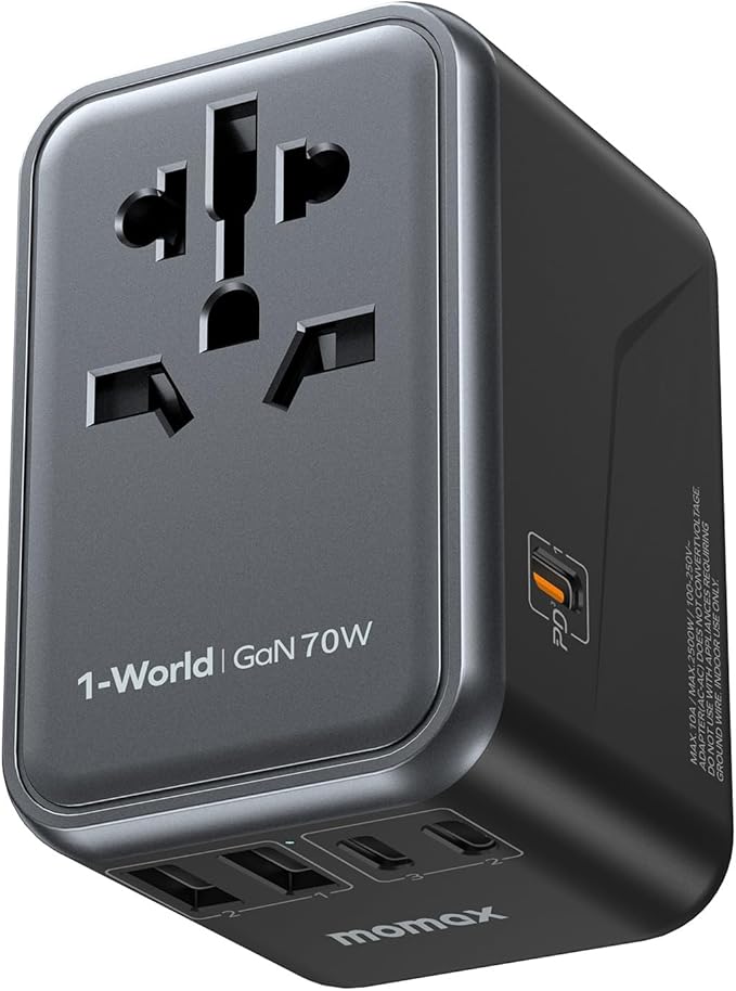 MOMAX 70W Universal Travel Adapter, 6-in-1 GaN International Power Adapter for Laptop, Phone, 3 USB-C PD & 2 USB-A QC Wall Charger, European Travel Plug Adapter for UK/US/AUS/JP, Travel Essentials