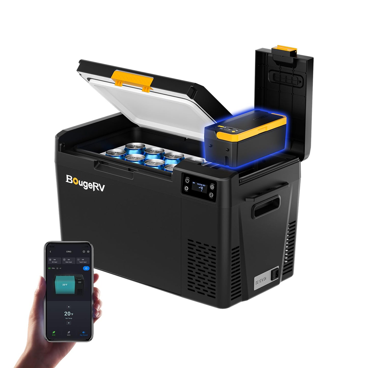 BougeRV 12 Volt Portable Refrigerator, CRX3 23 Quart Car Fridge with 240Wh Detachable Battery, -4℉~68℉ Compressor Electric Cooler with 12V/24 DC, 100-240 AC for Camping Overlanding Truck RV SUV Van
