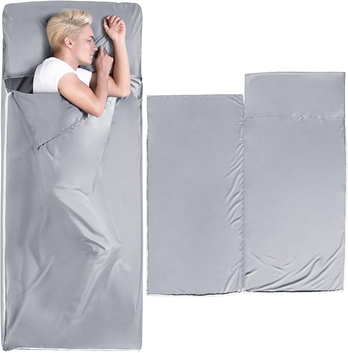 Sleeping Bag Liners with 2 Way Zipper, Adult Sleep Sack Lightweight Single Travel Sheets for Hotel/Camping,Gray