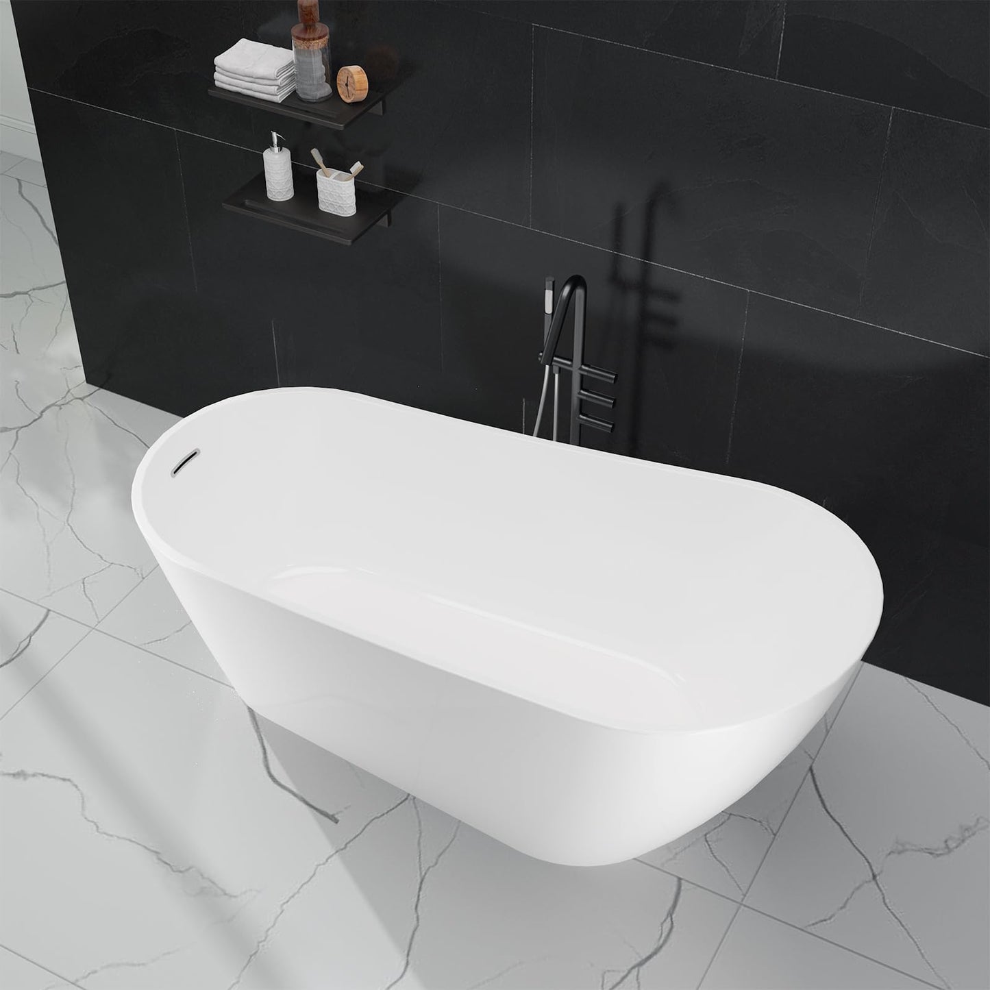 59" Acrylic FreeStanding Tub, Contemporary Deep Soaking Bathtub with Integrated Water Bypass and Drain, Gloss White Stand Alone Bath Tub, cUPC Certified Floor-Mounted Fixture, Gloss White