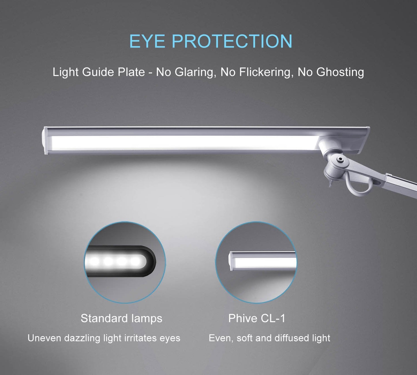 PHIVE CL-1 Architect Desk Lamp, LED Clamp on Desk Light with Metal Swing Arm, Eye-Caring Dimmable Drafting Table Lamp, Highly Adjustable Architect Task Light for Home/Office, Silver