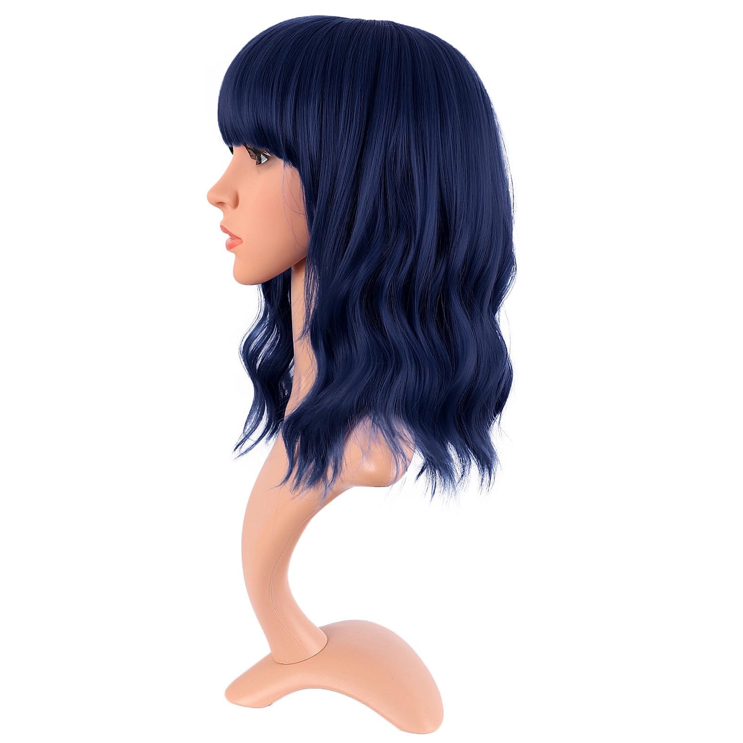 MapofBeauty 14 Inch/35 cm Short Wavy Curly Women Fresh Bright Synthetic Ordinary Flat Bangs Bob Wig (Midnight Blue)