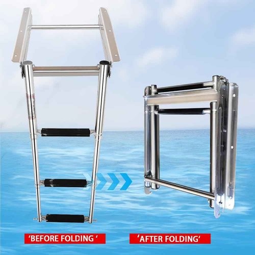 Mojiate Made 3 Step Telescoping Folding Boat Ladder Boarding Stepladder with Press-Type Spring for Boat Yacht Swimming Pool and More, Rated to 400 Pounds