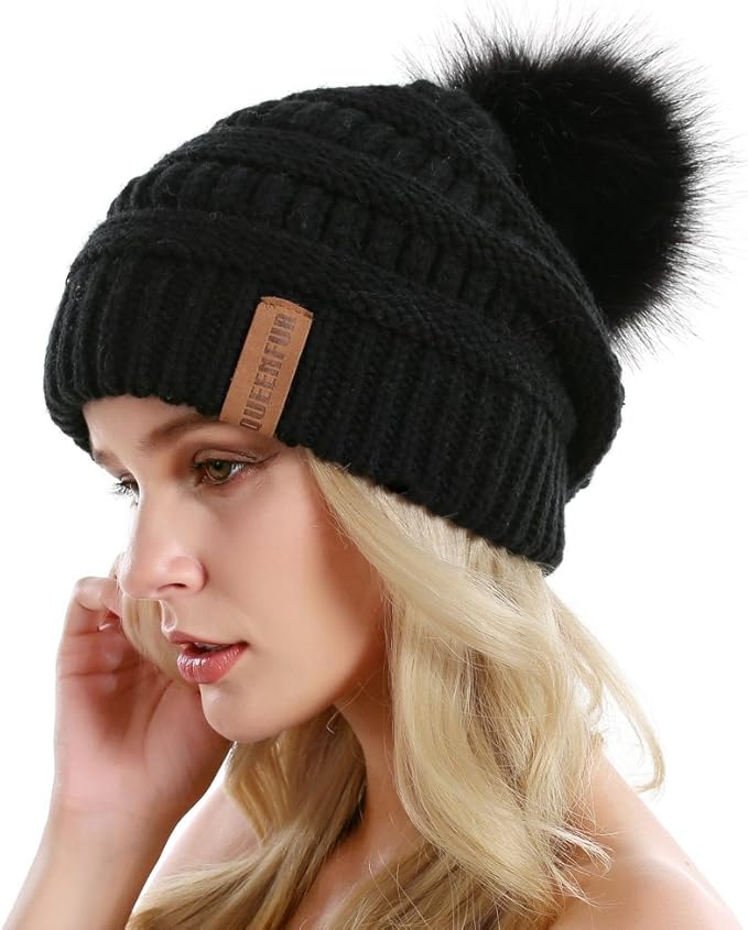 QUEENFUR Women Knit Slouchy Beanie Chunky Baggy Hat with Faux Fur Pompom Winter Soft Warm Ski Cap