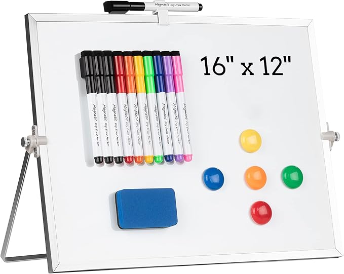 Dry Erase White Board, Cazeyoo Magnetic Desktop Whiteboard 16 x 12inch with Stand, 10 Markers, 4 Magnets and 1 Eraser, Por...