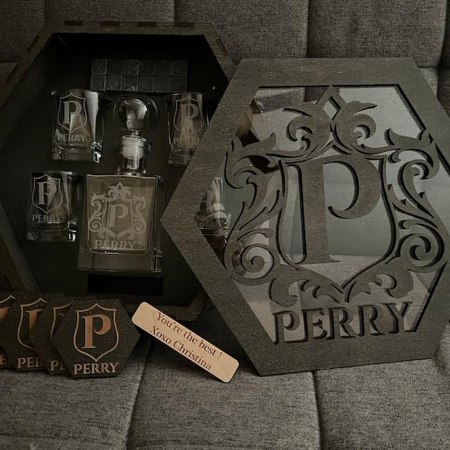 ROSLILY Personalized Whiskey Decanter Set for Men Dad Custom Liquor Decanters Wooden Box Whiskey Glasses Father's Day Gift for Grandpa Birthday Anniversary Christmas