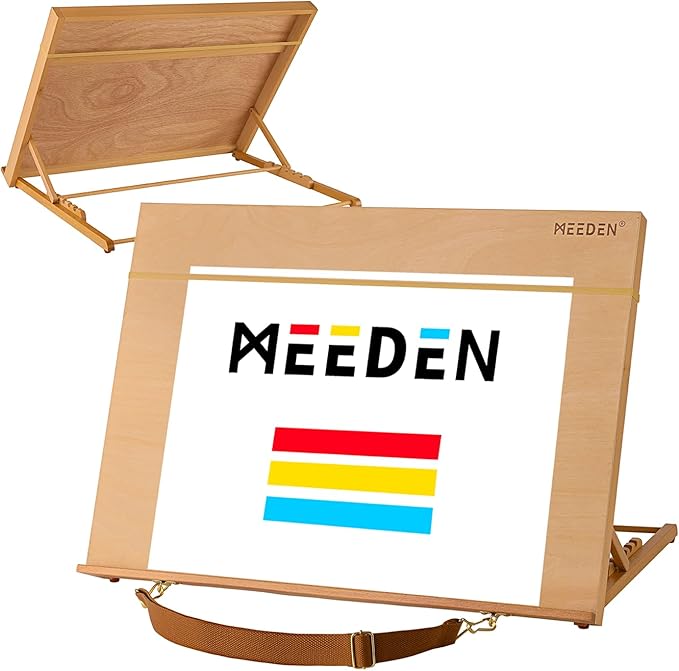 MEEDEN A2 Wooden Tabletop Easel for Painting, 5-Position Adjustable Drawing & Sketching Board with Shoulder Strap, Portabl...