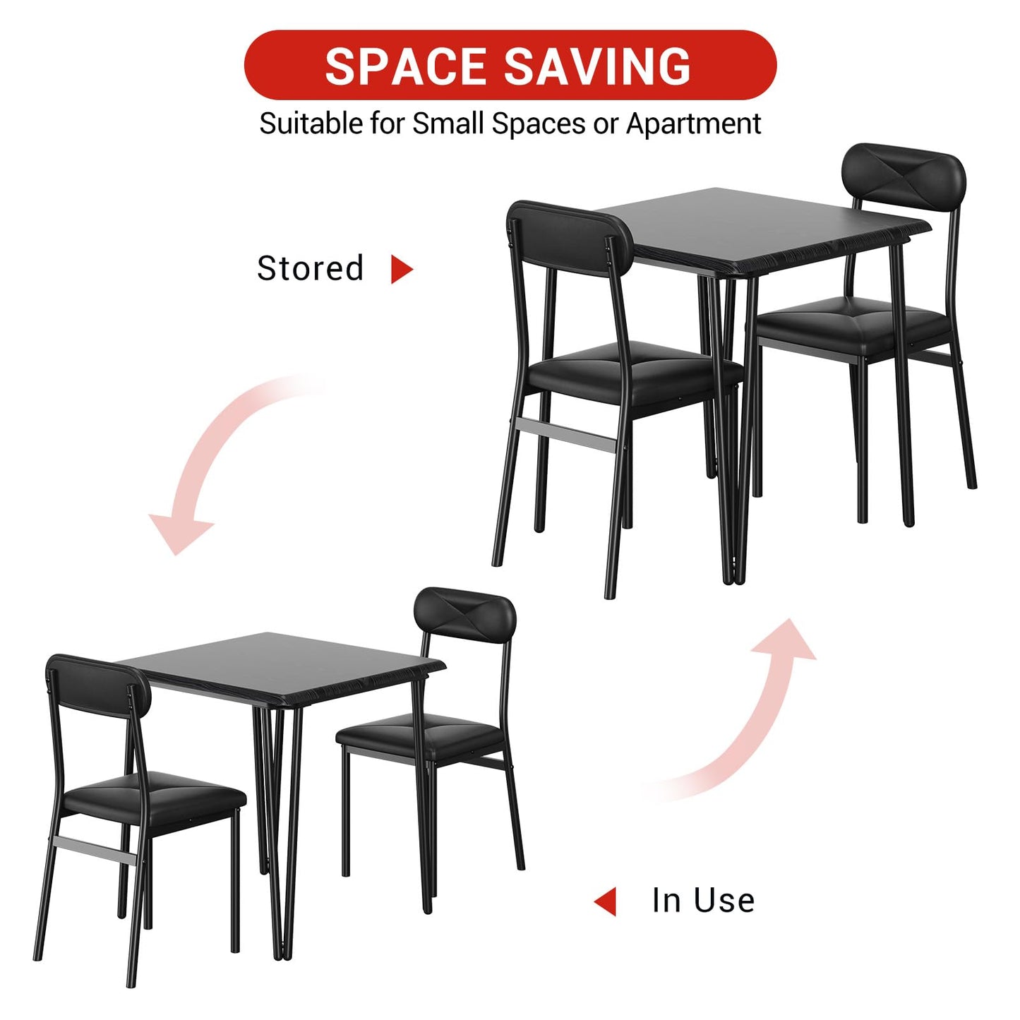 Dining Table Set for 4 with Black Wood Grain – Spacious Square Table with Rounded Corners and 4 Upholstered Chairs, Ideal for Apartment Living Room, Dining Room, (Black 3 Piece)