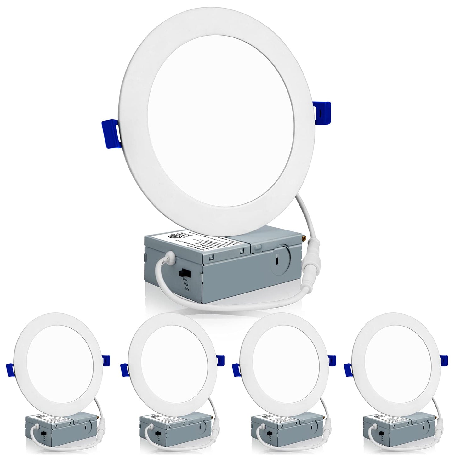 Meconard 4 Pack 6 Inch Ultra-Thin LED Recessed Ceiling Light, 3000K/4000K/5000K Selectable, Dimmable 12W=110W, 1050LM, IC Rated Can-Killer Downlights with Junction Box, ETL and Energy Star Listed