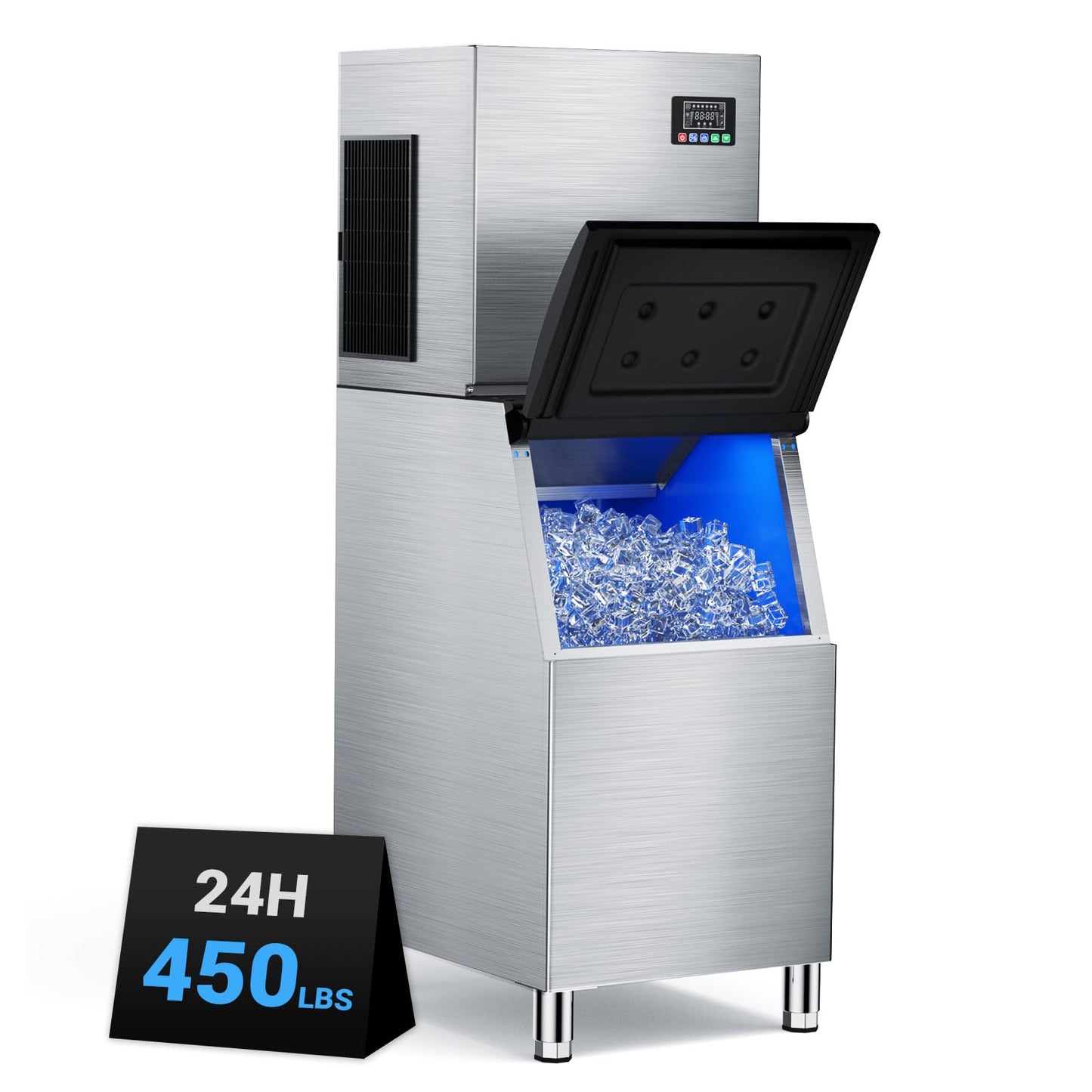 Commercial Ice Machine 450LBS/24H,Storage 400LBS,Large Industrial Ice Maker,Ice Ready in 5-15min,with Self-Cleaning Mode,with Timing Function,30 Levels of Ice Thickness Adjustment,Stainless Steel