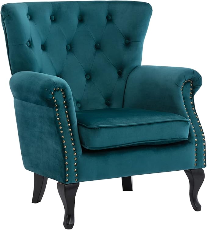 DM Furniture Mid Century Accent Chair Modern Button Tufted Armchair Wingback Club Chair Velvet Single Sofa Lounge Chair with Pillow for Living Room Bedroom, Teal Blue