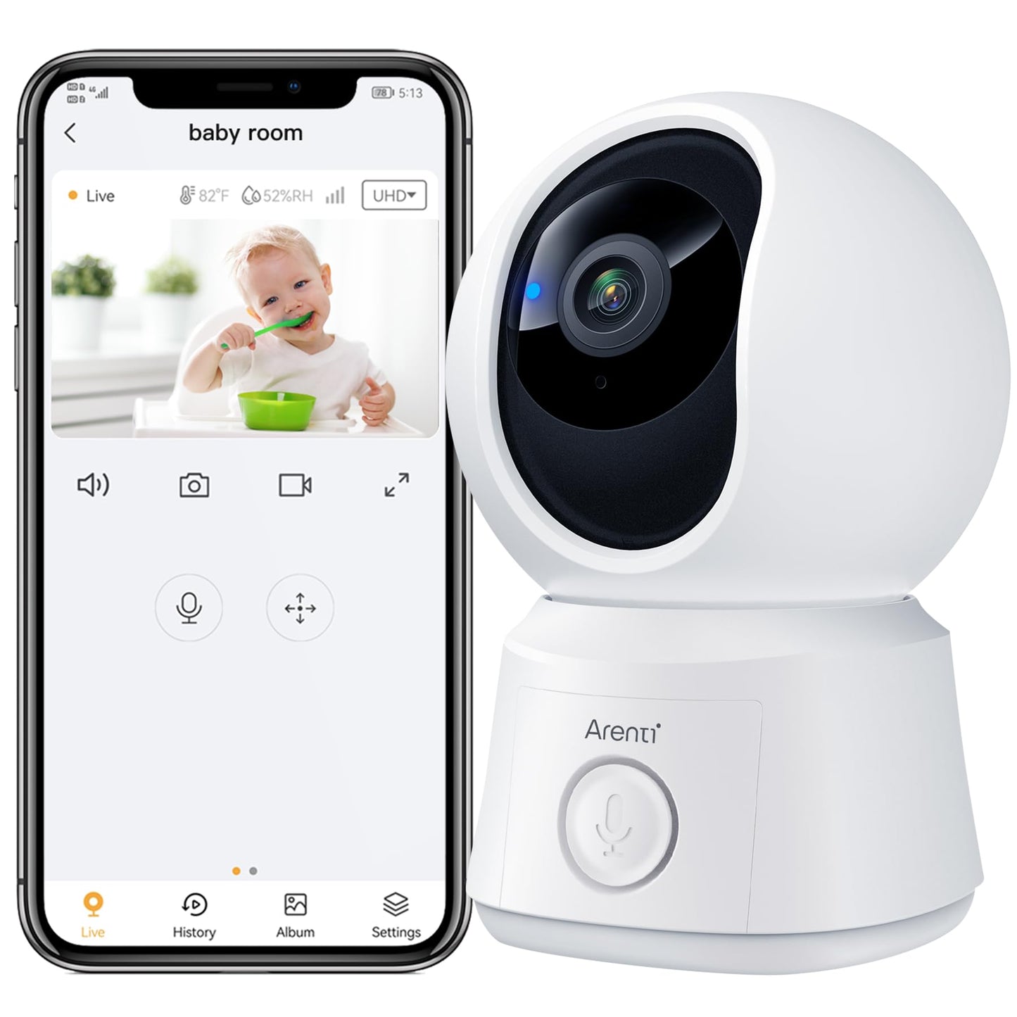 ARENTI B2, 360° View Baby Camera for Pet/Nanny, 2.4g WiFi Only, Temperature Sensor, Sound & Motion Detection, 2 Way Audio, Night Vision, Works Screen2-No Light