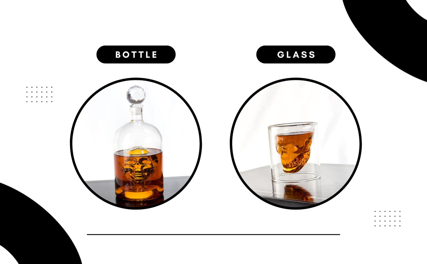 Skullers Skull Whiskey Decanter Set – 37oz Lead-Free Glass Bottle + 4 Shot Glasses – Gothic Bar Gift for Men – Unique Tequila, Rum, or Vodka Liquor Set for Halloween, Birthdays & Collectors