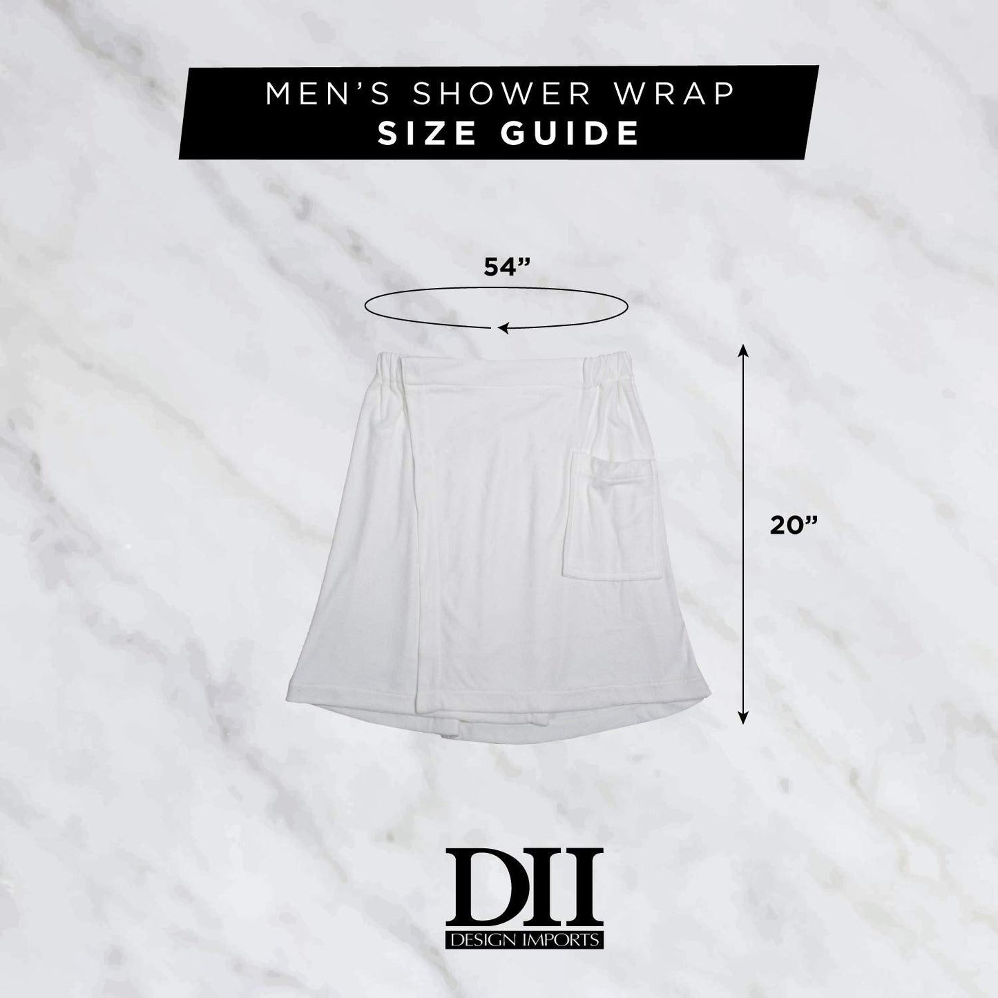 DII Men's Terry Shower Wrap Collection Adjustable with hook and loop and Pocket, 54x20, White