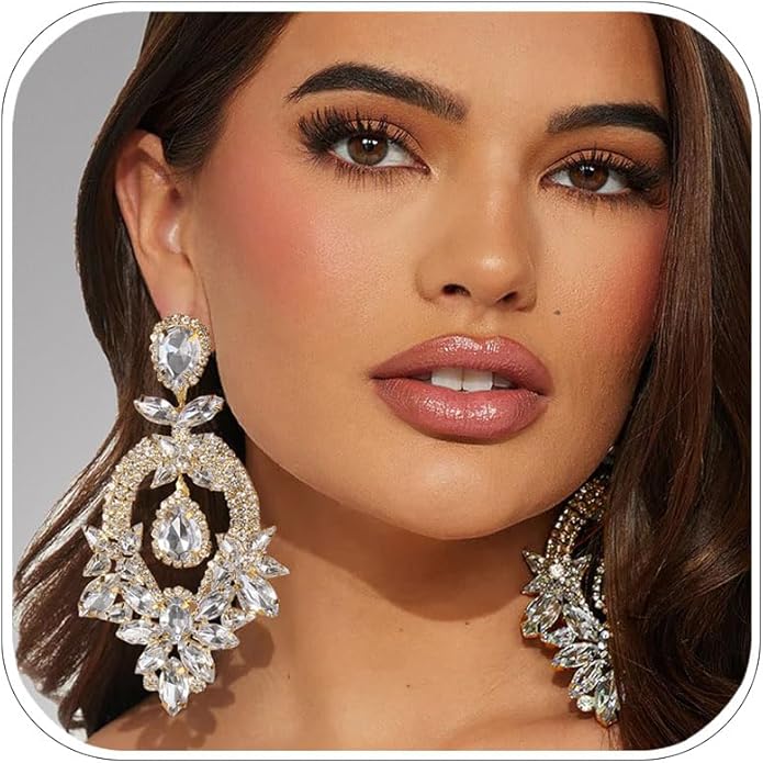 Silver Chandelier Earrings for Women Trendy, Oversized Big Crystal Rhinestone Statement Earrings Dangling Formal Pageant E...