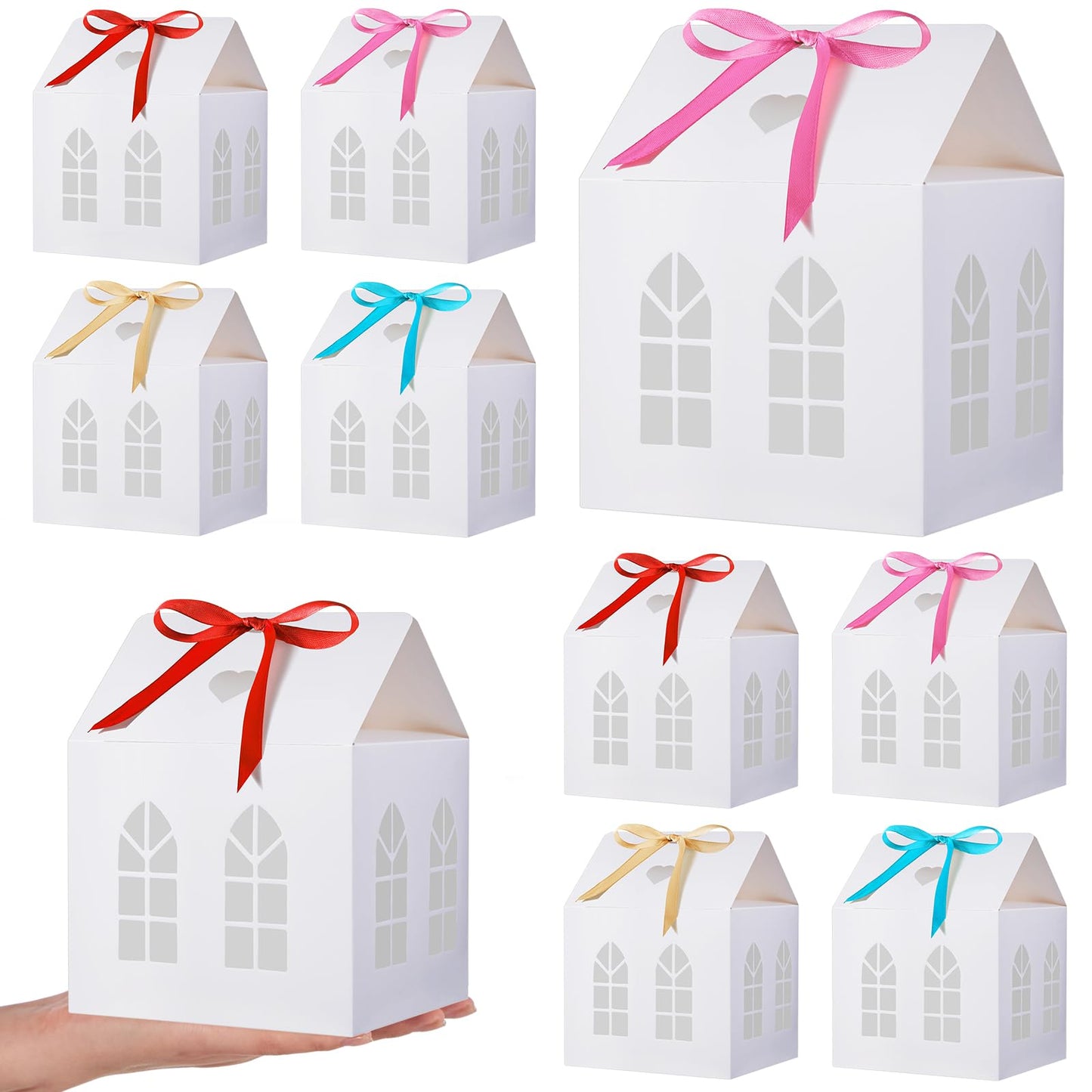 Engrowtic 25 Sets Medium House Shaped Gift Boxes with Ribbons House Shaped Paper Bakery Packaging Candy Box for Treats Real Estate Agent Gift Christmas Gingerbread Wedding Birthday Bridal Shower