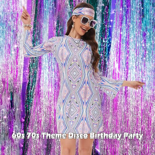 MRYUWB 70s Women Disco Dress Hippie Costumes Necklace Earrings Glasses, 60's 70's Birthday Outfits, 1970s Prom Bling Dress