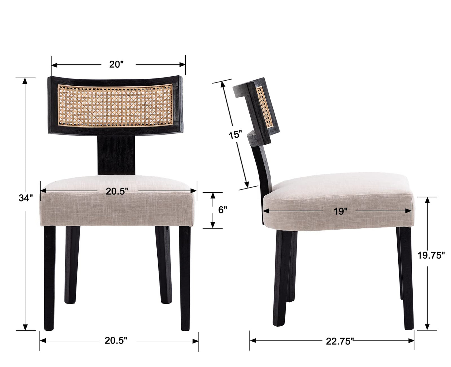 BESTANO Rattan Dining Chairs Set of 6, Mid-Century Modern Black Wooden Farmhouse Dining Chairs Linen Fabric Upholstered Kitchen Dining Room Chairs with Curved Cane Back, Beige