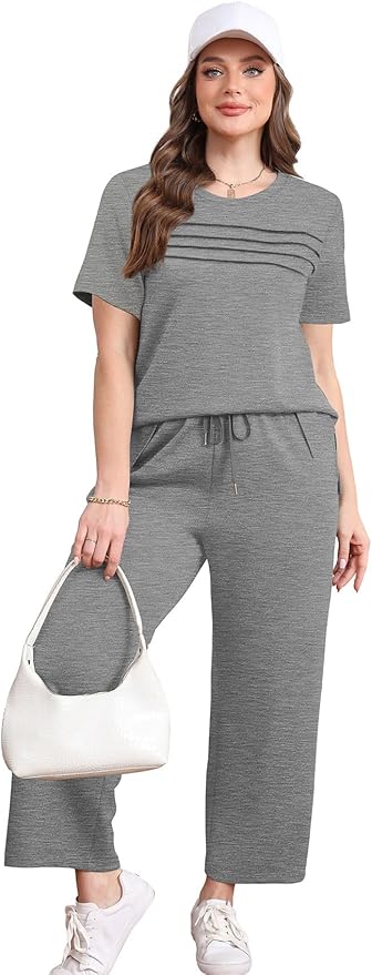 WIHOLL Two Piece Sets for Women Summer Travel Vacation Outfits Short Sleeve Lounge Sets Side Slit Wide Leg Pants S-3XL