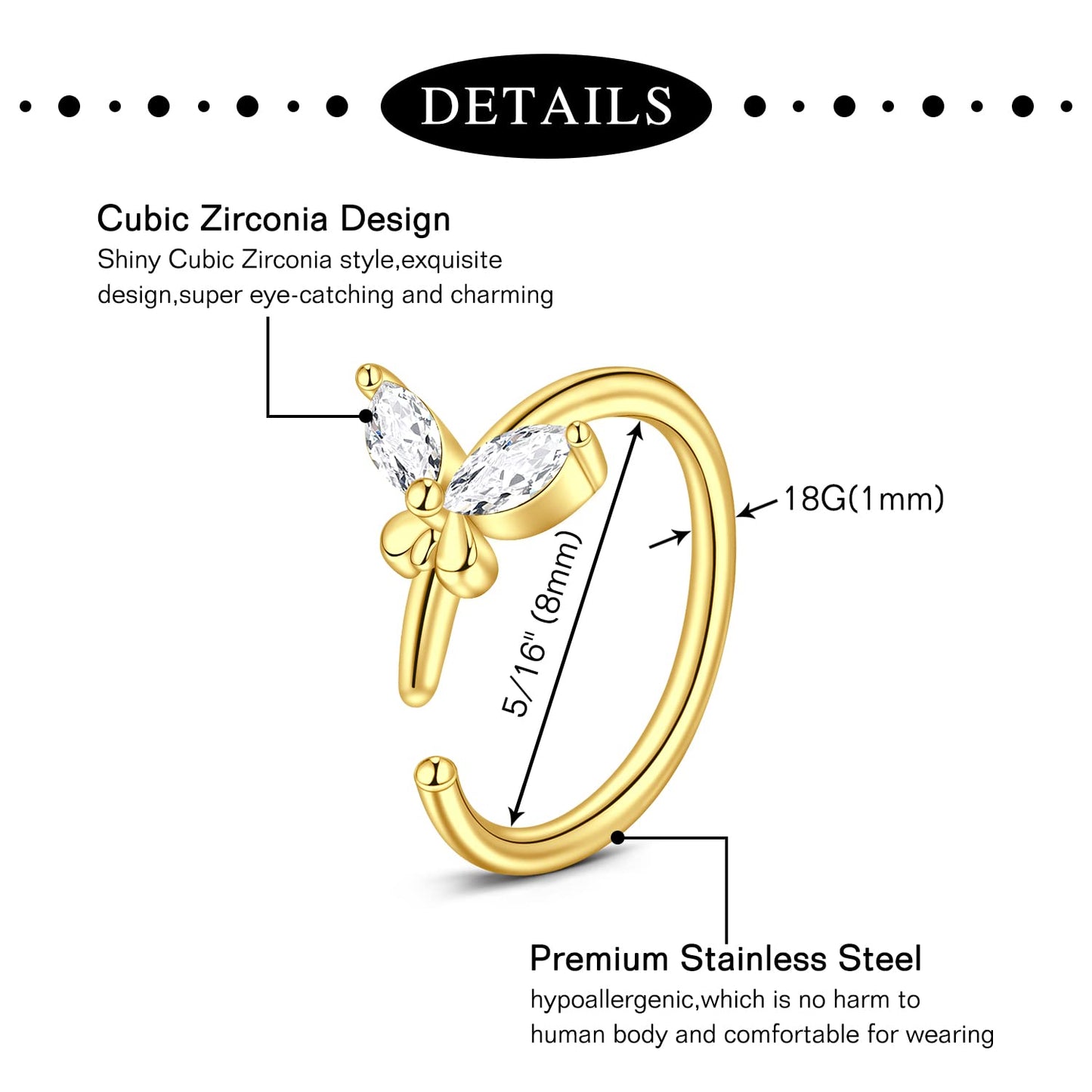 Anicina Nose Rings 18G Hoops Surgical Steel Piercing Kit L Shape Studs for Women CZ Heart Moon Gold Jewelry