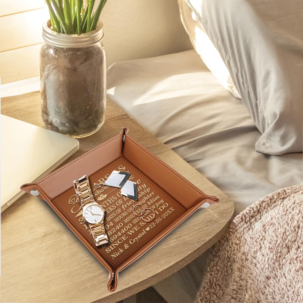 Bella Busta-Personalize 3 Years as Husband and Wife Theme-Traditional 3th Anniversary Keepsake -Engraved Leather Tray Valet (Rawhide)
