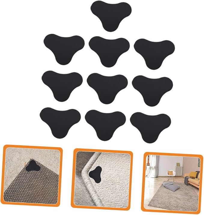10Pcs Reusable Washable Rug Tape Grippers Non-Slip Double-Sided Carpet Stickers for Hardwood Floors Area Rugs Mats Prevent Curling Sliding Safe Home Use