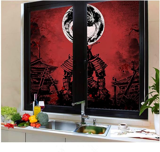 Japanese Samurai Window Film Abstract Vintage Samurai Blossom Dragon Full Moonstained Glass Window Film,Playroom Window Film,Nursery Window Film 23.6Wx35.4L-Inch X2Pcs