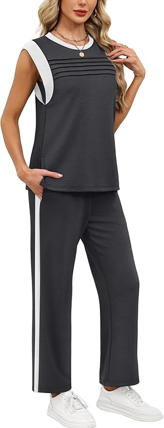 WIHOLL 2 Piece Sets for Women Summer Lounge Sets Travel Vacation Outfits Cap Sleeve Sweatsuit Side Slit Wide Leg Pants S-3XL