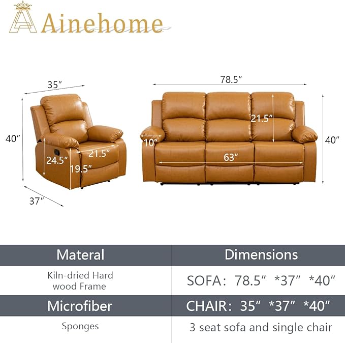 A Ainehome Living Room Furniture Set Leather Recliner Sofa Set Loveseat Chair Furniture Sofa Set for Living Room/Small Space/Rv/House/Office/Theater Seating (A-Ginger Leather, Sofa+Chairs)