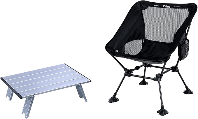 iClimb 1 Mini Folding Table and 1 Anti-Sinking Large Feet Chair Bundle, Ultralight Compact for Single Person Outdoor Backp...