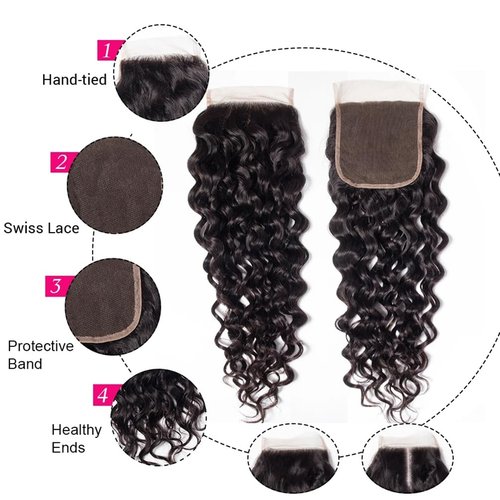 Water Wave Bundles with Closure (14 16 18+12，Free Part) 100% Unprocessed Brazilian Virgin Hair Weave Bundles with Lace Closure Curly Virgin Human Hair Weft Natural Color for Black Women