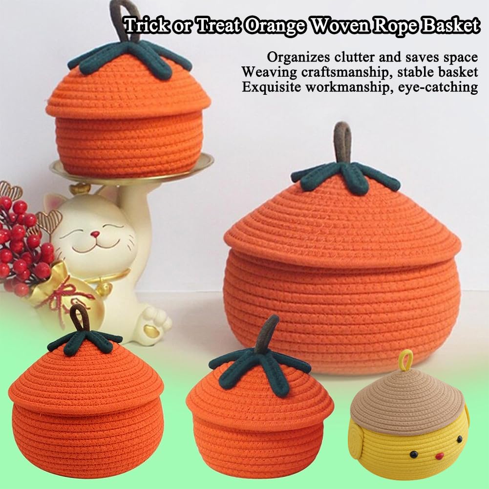 Halloween Pumpkin Basket With Lid, Halloween Pumpkin Candy Bucket, Trick Or Treat Pumpkin Woven Storage Bin, Large Capacity Woven Rope Basket For Store Toys, Candys, Snacks, Home Decor (Khaki-L)