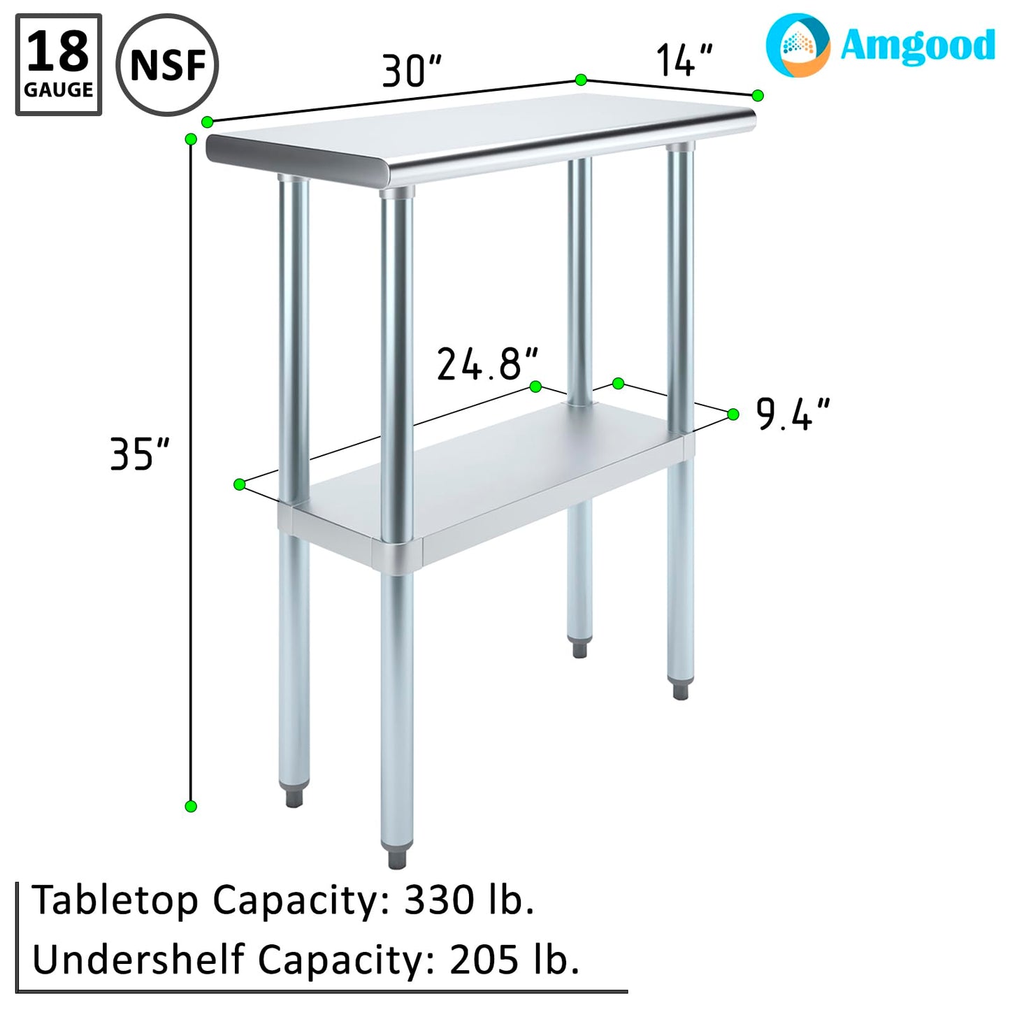 AmGood 14 in. x 30 in. Stainless Steel Work Table | Metal Kitchen Food Prep Table | NSF