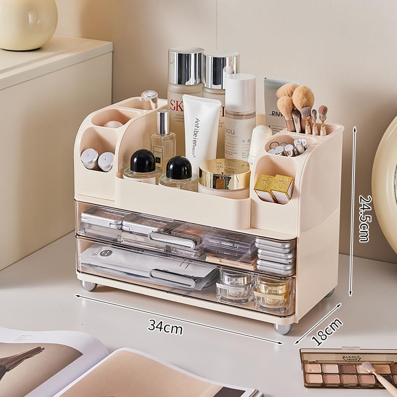 Makeup Organizer with 2 Drawers, Cosmetic Display Case, Storage Holder for Vanity, Bathroom Counter, Desk, Beauty Supplies (Cream)