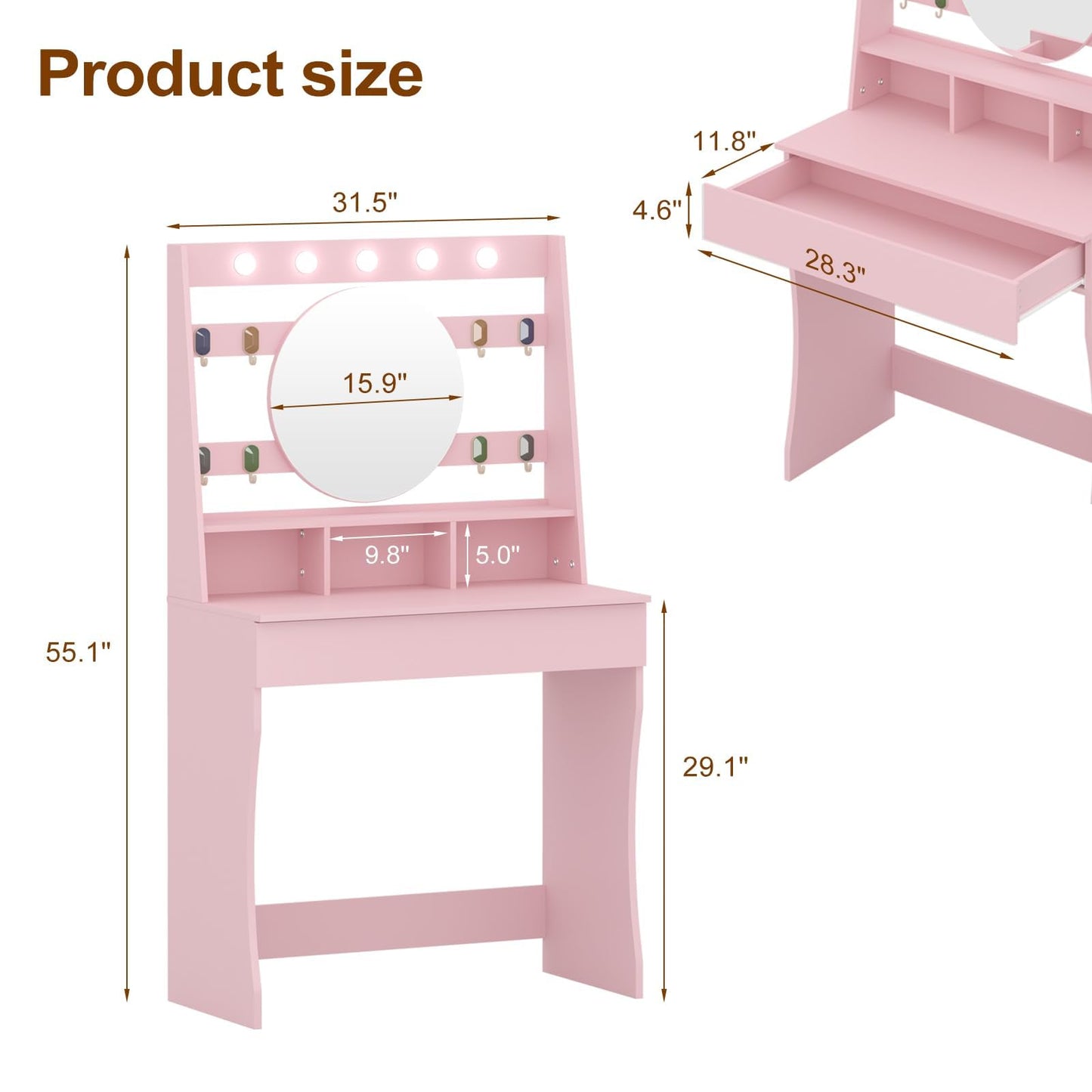 HedoAjim Vanity Desk with Lights, Makeup Table with Mirror, Dressing Table with 5 Hollywood Bulbs, 3 Adjustable Lighting Colors, Small Vanity Desk for Bedroom (Pink)