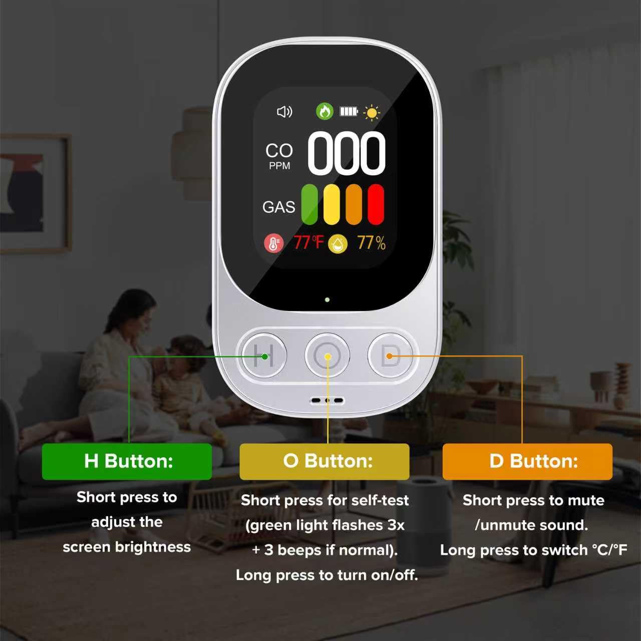 4 in1 Plug in Carbon Monoxide Detectors & Natural Gas Combination Built-in Backup Battery & 2.1'' HD Screen [CO Gas Temp Humidity] Propane Methane Combustible Gas Alarm (White)