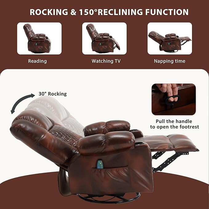 Comermax Massage Recliner Chair with Heat, 360° Swivel Rocker Recliner Chair with Cup Holders, 150° Recline PU Leather Recliner for Living Room, Brown