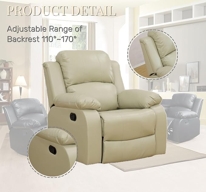Caberryne Leather Recliner Chair for Living Room Furniture Set, Beige Leather Reclining Couch for Small Space/Rv, Wall Hugger Single Recliner/Home Theater Seating for House/Office(Chair)