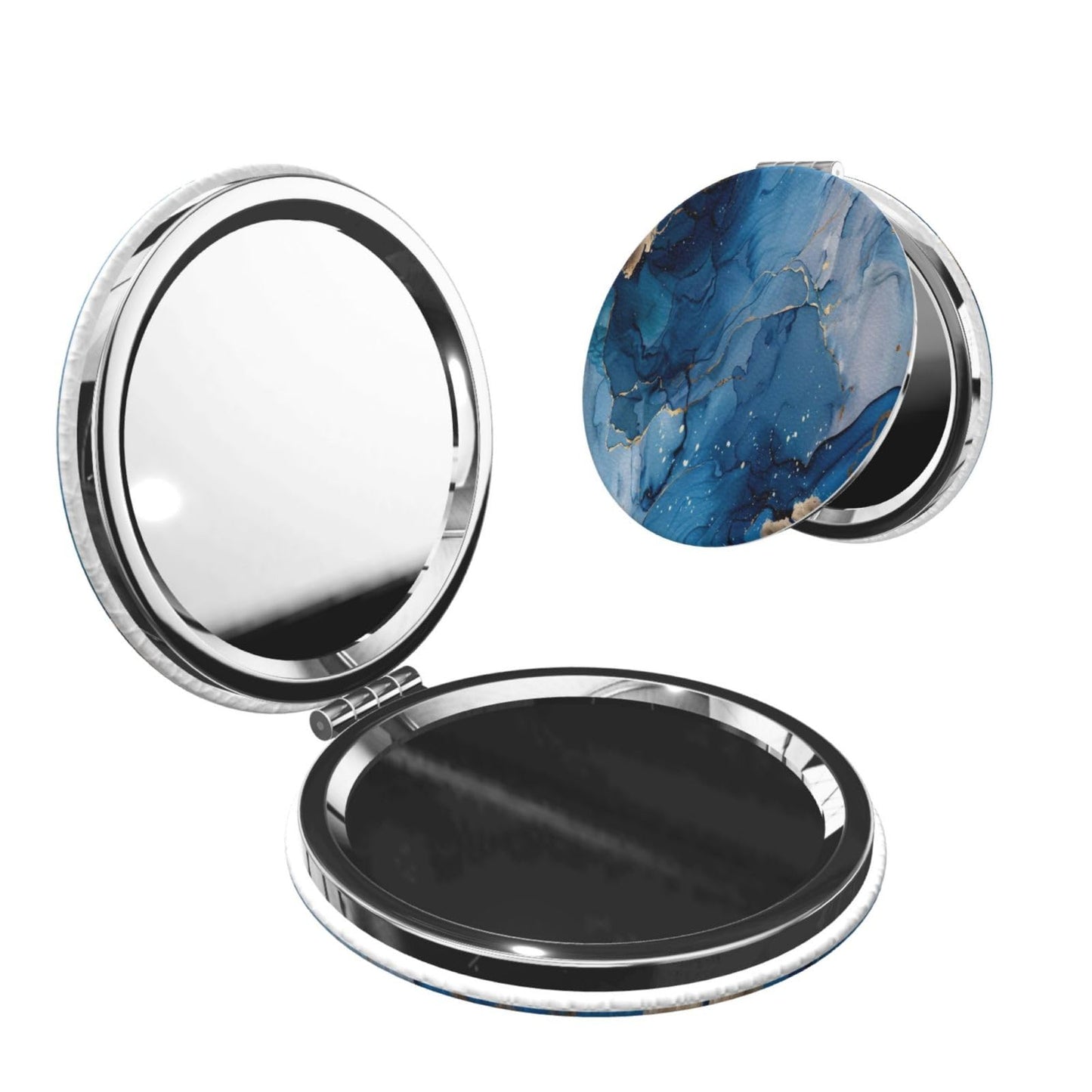 keluki Navy Blue Gold Marble Agate Style Print Foldable Travel Pocket Mirror Round PU Leather Portable Mini Makeup Double Sided