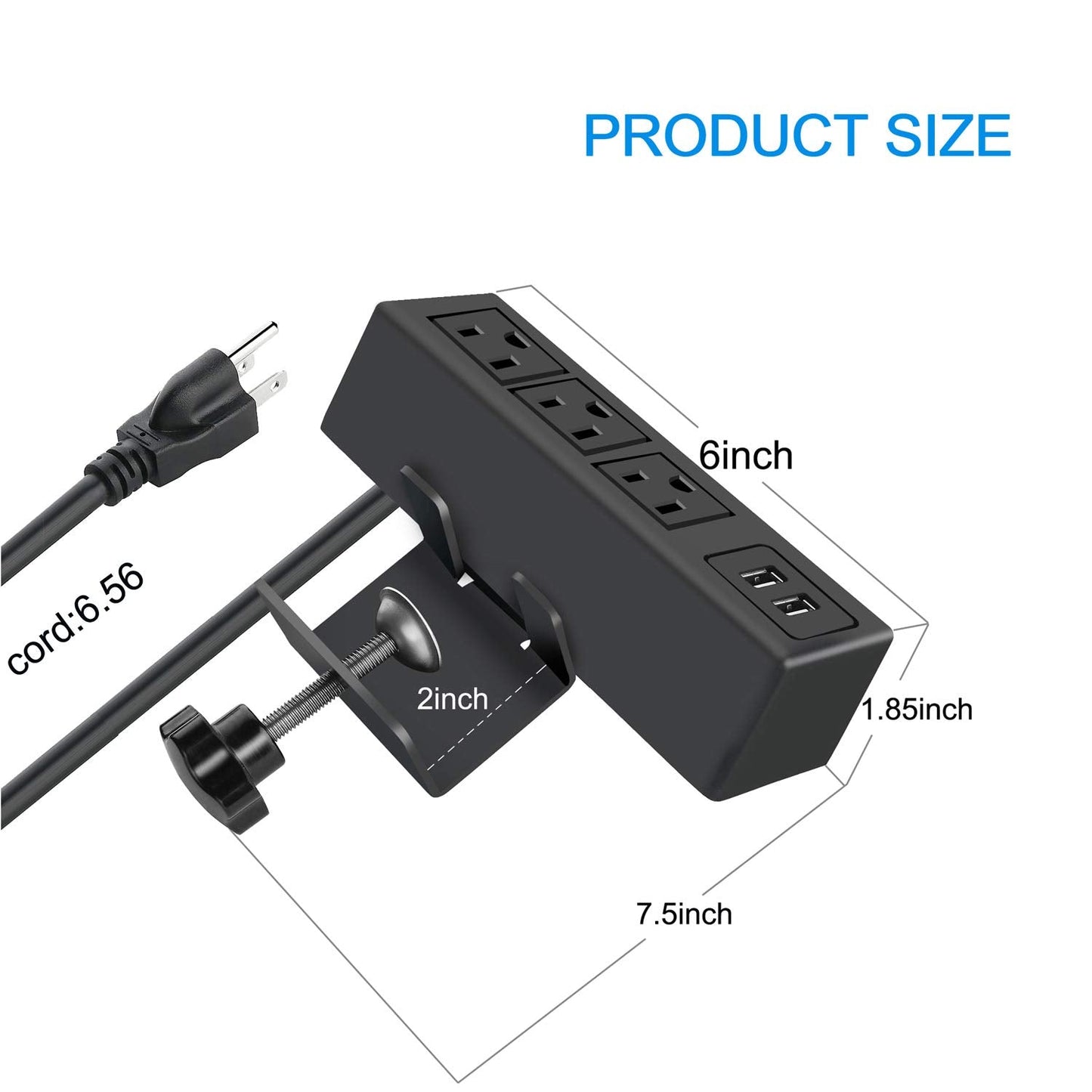 CCCEI 3 Outlet Desk Clamp Power Strip with USB Ports, Desktop Power Strip Surge Protector 1200J. Table Mount Charging Power Station, on Edge Power Outlet 125V 12A 1500W.