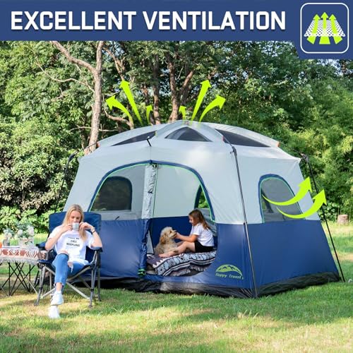 Happy Travel Tent 6 Person Tents for Camping, Waterproof Easy Setup Camping Tent with Rainfly, Portable Large Family Cabin...