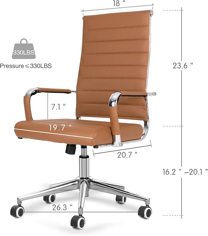 BOWTHY Home Office Chair Ribbed, Modern Leather Conference Waiting Room Chairs,Ergonomic Office Desk Chair, High Back Executive Computer Chair, Adjustable Swivel Chair with Arms (Brown)