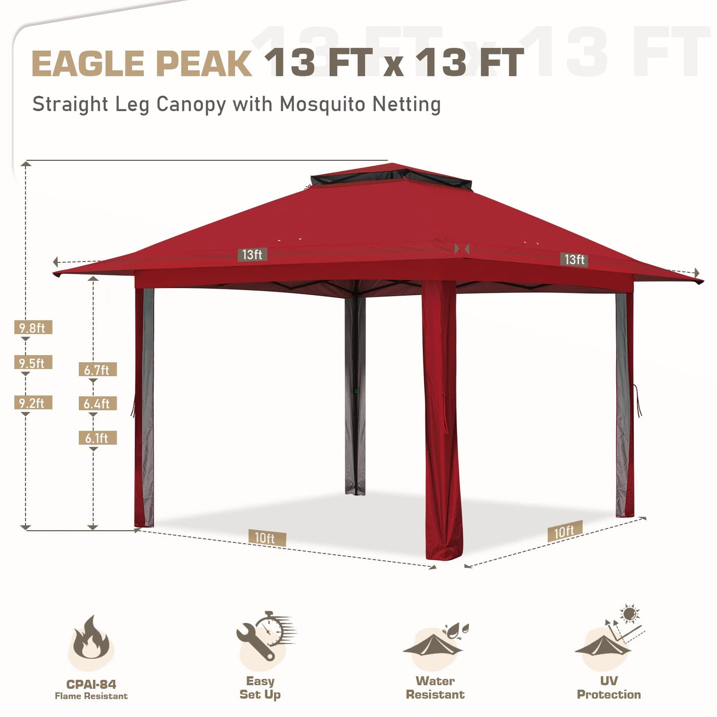 EAGLE PEAK 13x13 Pop Up Gazebo with Mesh Netting, Easy Up Screened Canopy for Patio and Backyard, Easy Set up Outdoor Gazebo (Red)