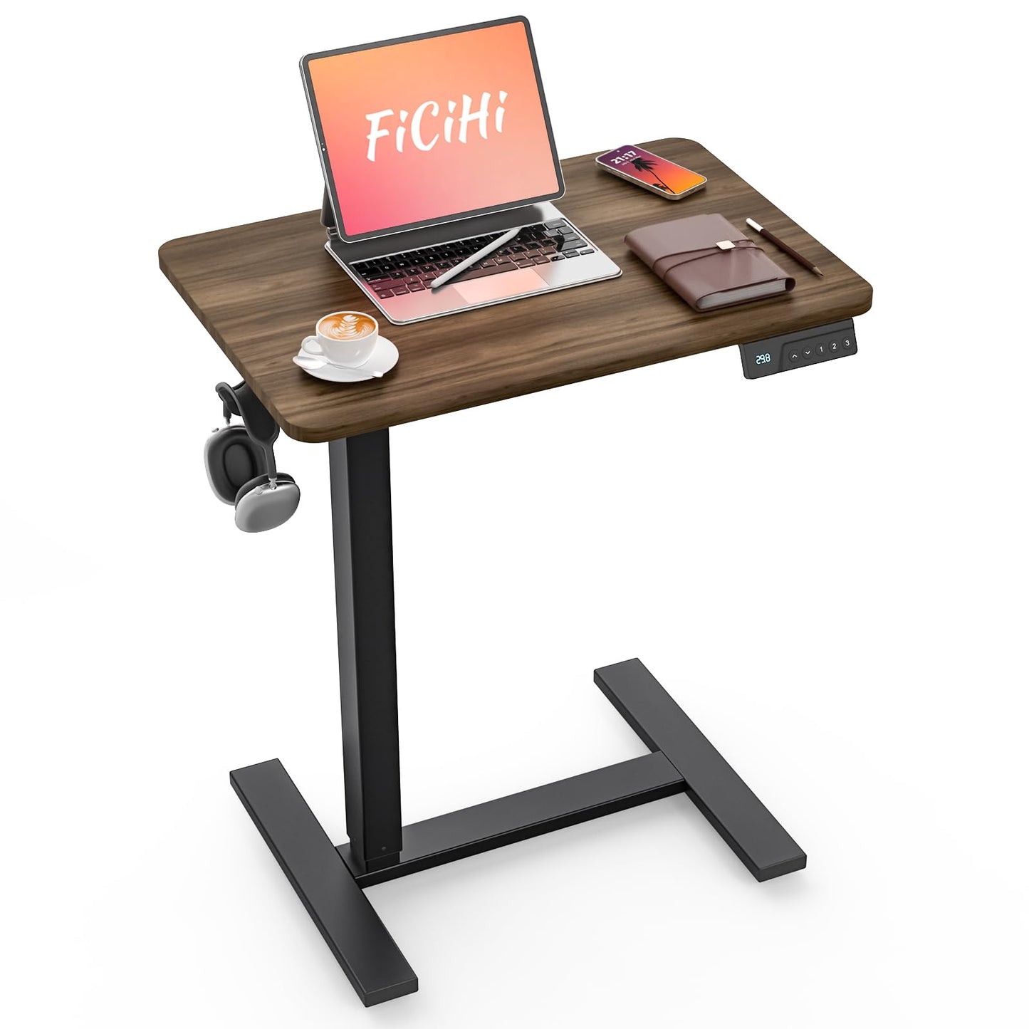 FiCiHi Mobile Standing Desk with Wheels - Electric Height Adjustable Small Movable Laptop Desk, Portable Rolling Computer Workstation Sit Stand Table for Home Office, Sofa & Bedside Use(23.6", Walnut)
