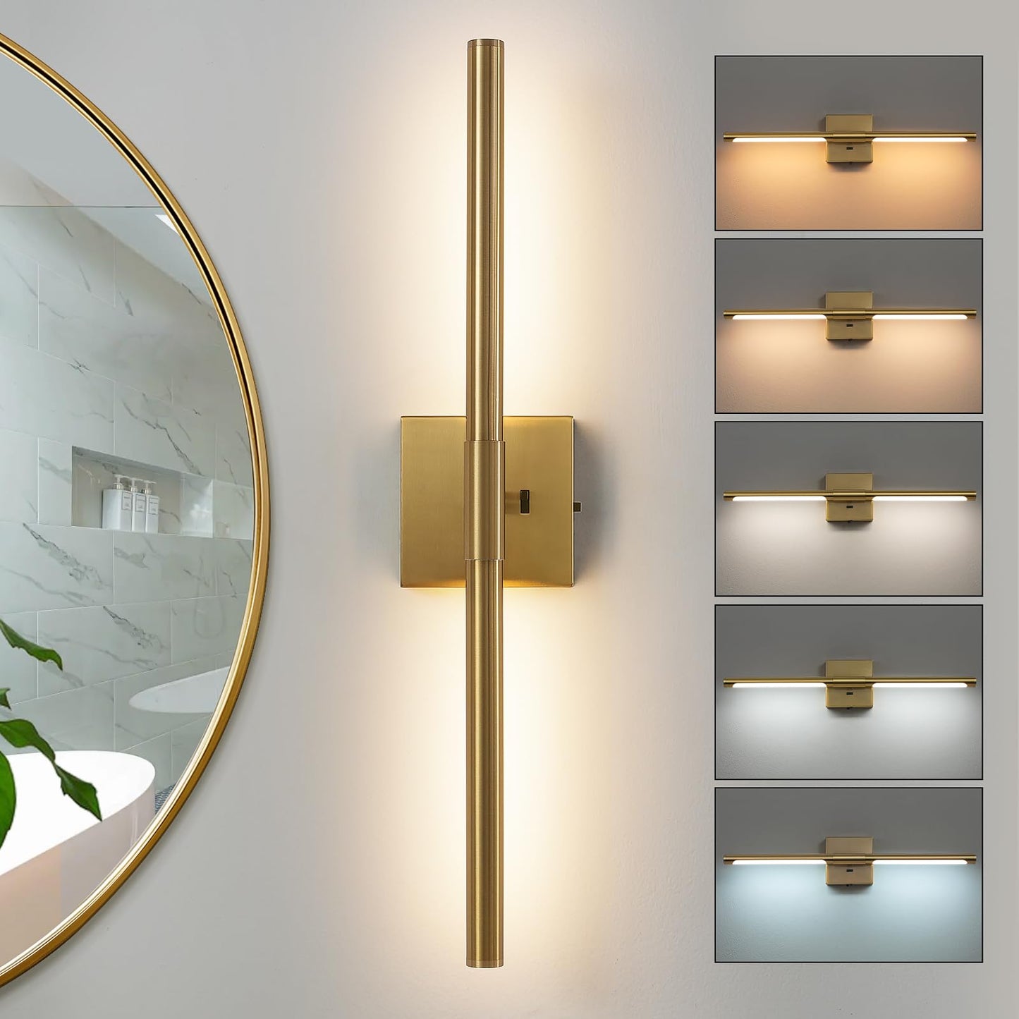 Faziyo Gold Vanity Light Fixtures for Bathroom Over Mirror 24 inch LED Bath Sconces IP44 5CCT Adjustable Morden Picture Lights for Paintings (Built-in Dimmer)